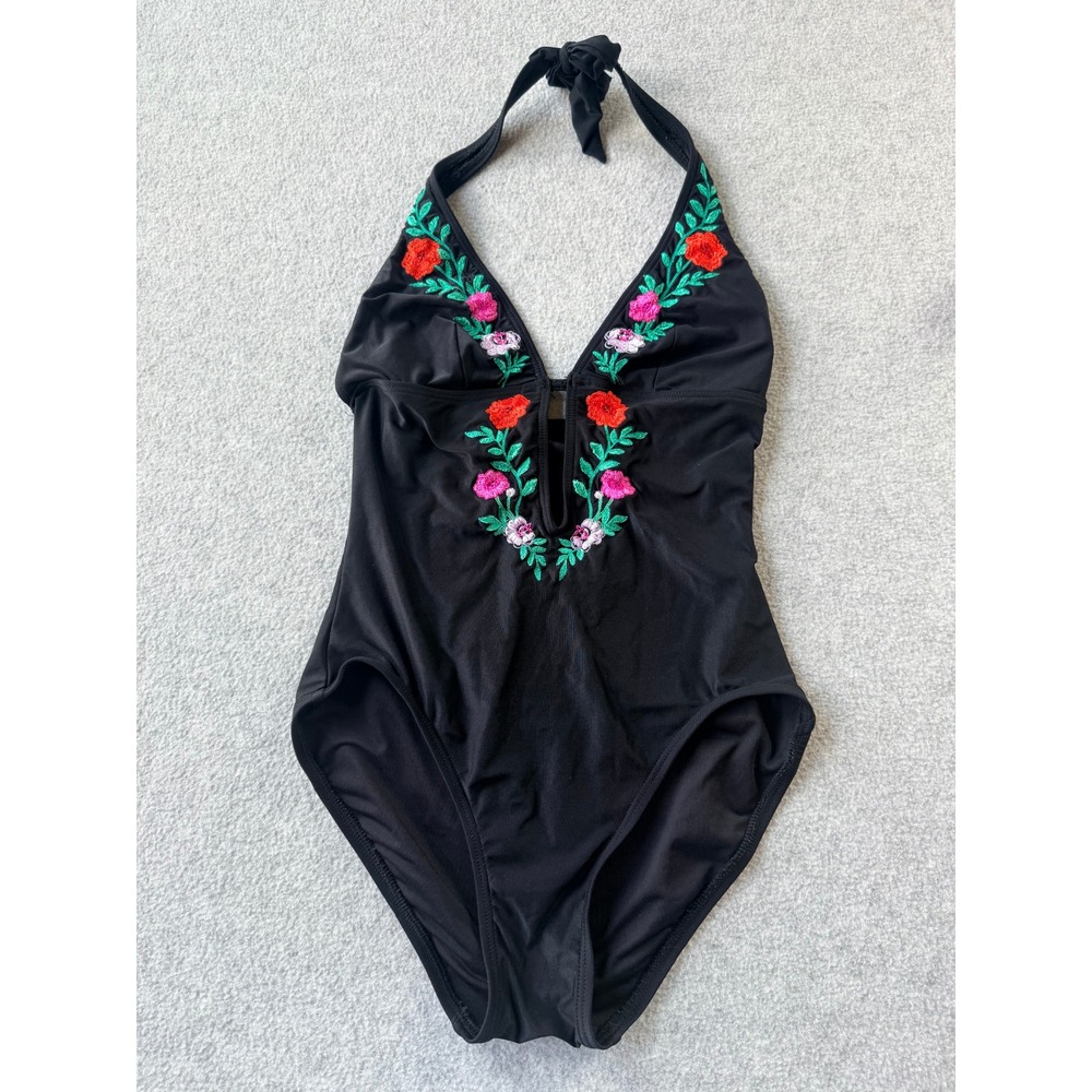 Kate Spade Embroidered Halter One Piece Swimsuit V-Neck Keyhole Swimwear Small
